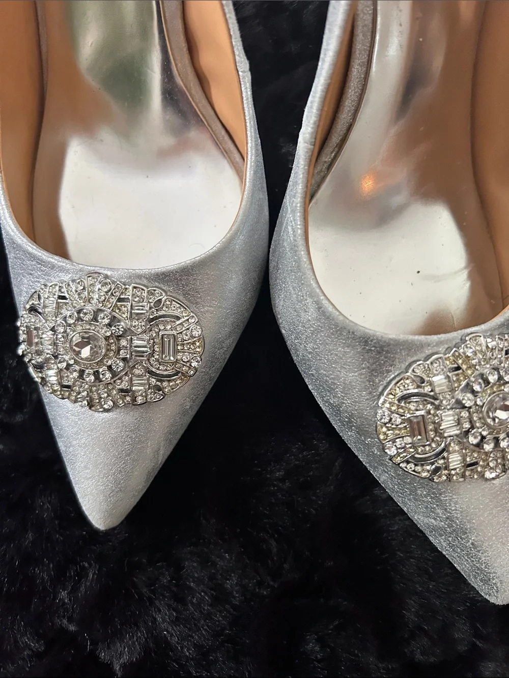 Badgley Mischka Silver Crystal-Embellished Pointed Slingback Heels